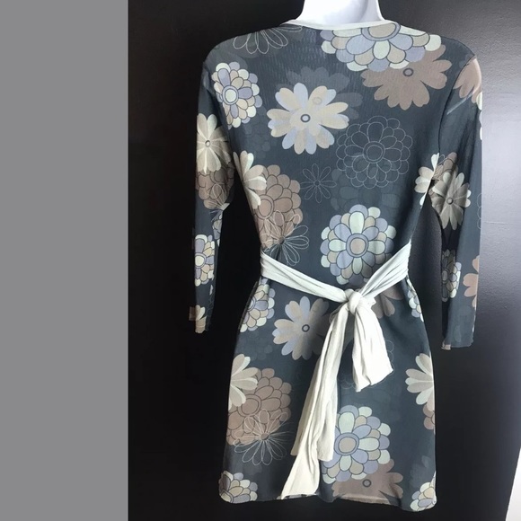 SWEET PEA Stacy Frati Floral Mesh Top Blouse Shirt Gray Tan Scoop Neck Tie Waist - Picture 5 of 8